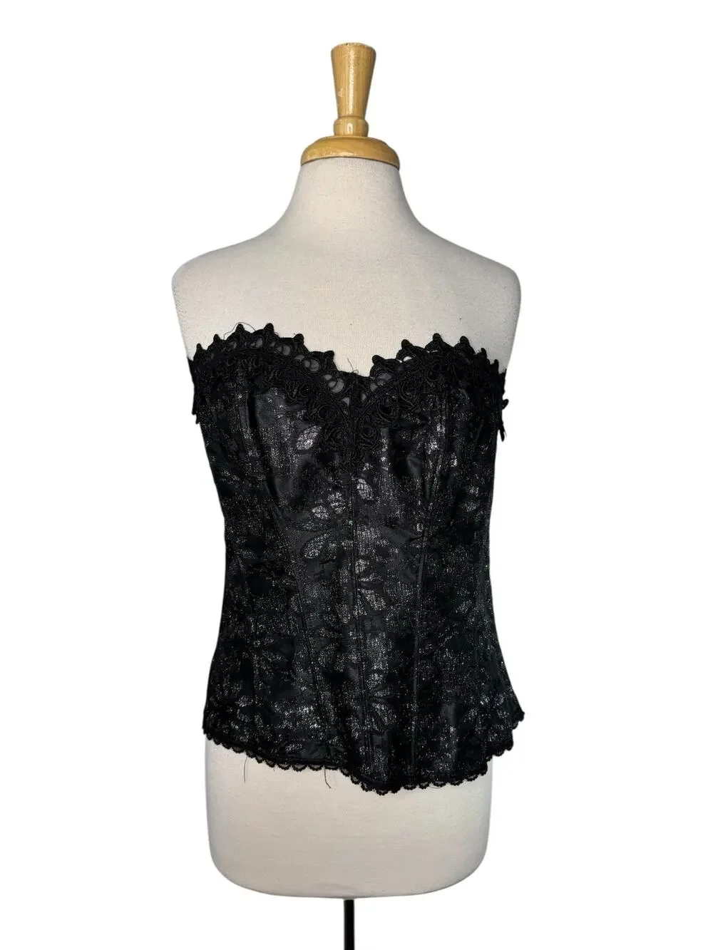 FREDERICKS OF HOLLYWOOD Black Silver Lace Up Corset Sz 42 Hook Eye Boning #8171